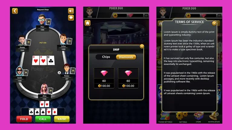 casino software lobby, shop, terms screen