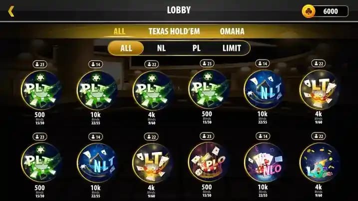 chinese poker app game lobby with stakes screen