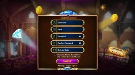 user sign-up screen for slot machine game interface