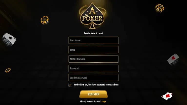 poker app registration screen
