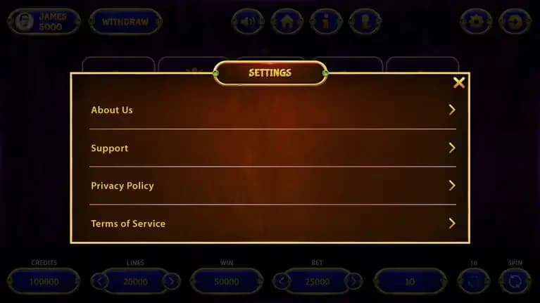 settings option slot game interface