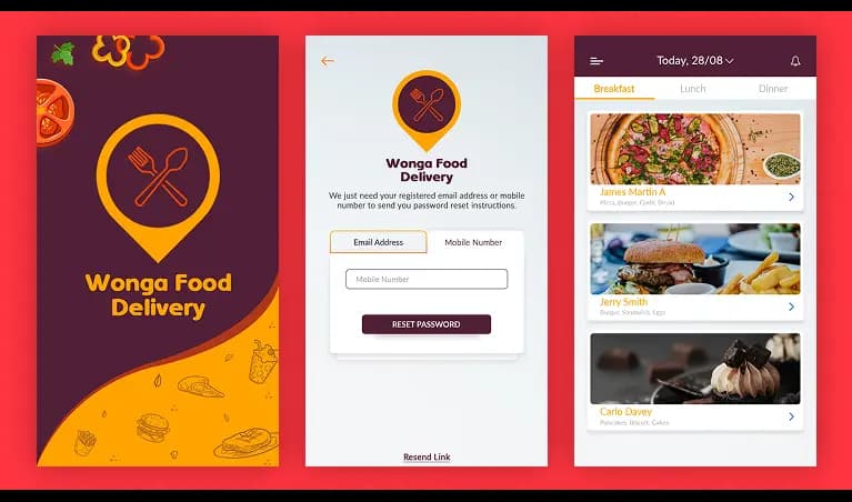 Wonga Food Delivery App Interface wonga food delivery app screens for login and menu