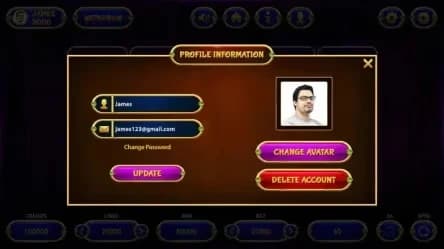 Profile Details Screen for Slot Machine Game Interface profile details screen for slot machine game interface