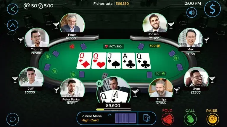 multiplayer poker game interface with virtual table screen
