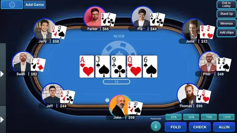 online poker table game interface screen
