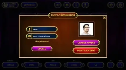 Profile details screen for the animated slot machine game interface