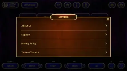 Settings option screen for the animated slot machine game interface