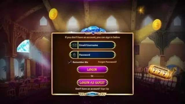 User login screen of the animated slot machine game interface