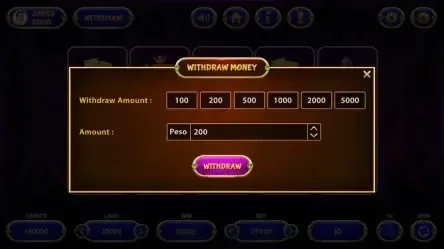 Withdraw money screen of the animated slot machine game interface