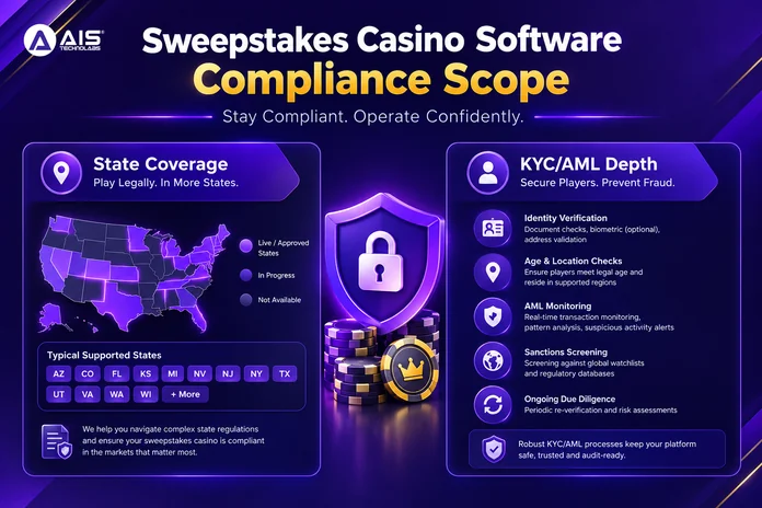 Sweepstakes casino software compliance scope infographic, showing US state coverage and KYC/AML verification depth including identity checks, age and location checks, AML monitoring, sanctions screening, and ongoing due diligence Sweepstakes casino software compliance scope infographic, showing US state coverage and KYC/AML verification depth including identity checks, age and location checks, AML monitoring, sanctions screening, and ongoing due diligence