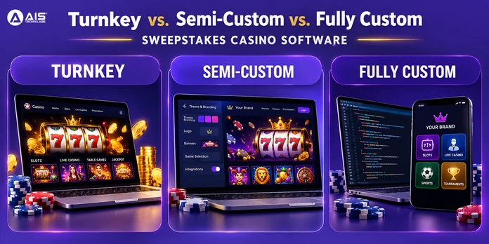Turnkey vs semi-custom vs fully custom sweepstakes casino software comparison, showing three platform build models on laptop and mobile screens Turnkey vs semi-custom vs fully custom sweepstakes casino software comparison, showing three platform build models on laptop and mobile screens