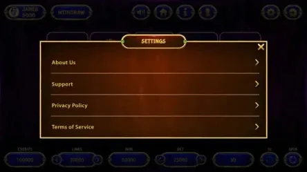 Settings Option Screen for Slot Machine Game Interface settings option screen for slot machine game interface